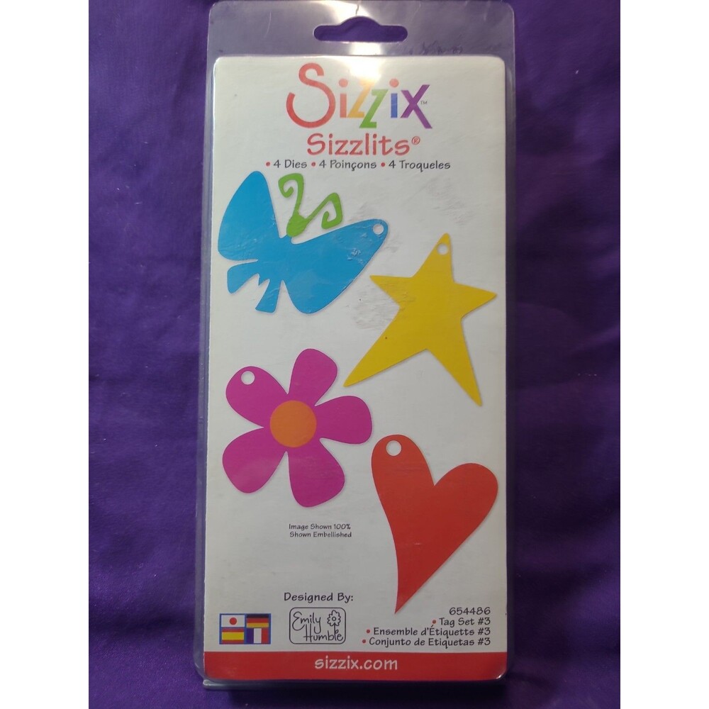 Sizzix Sizzlit Tag Set #3 Set Of 4 Dies 654486 Star Heart Flower Butterfly